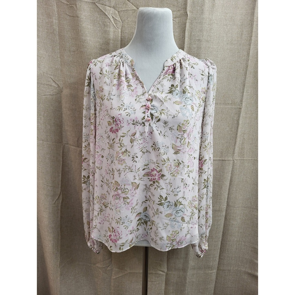 Rachel Zoe Floral V-Neck Blouse Pink White Metallic Shimmer Long Sleeve Medium